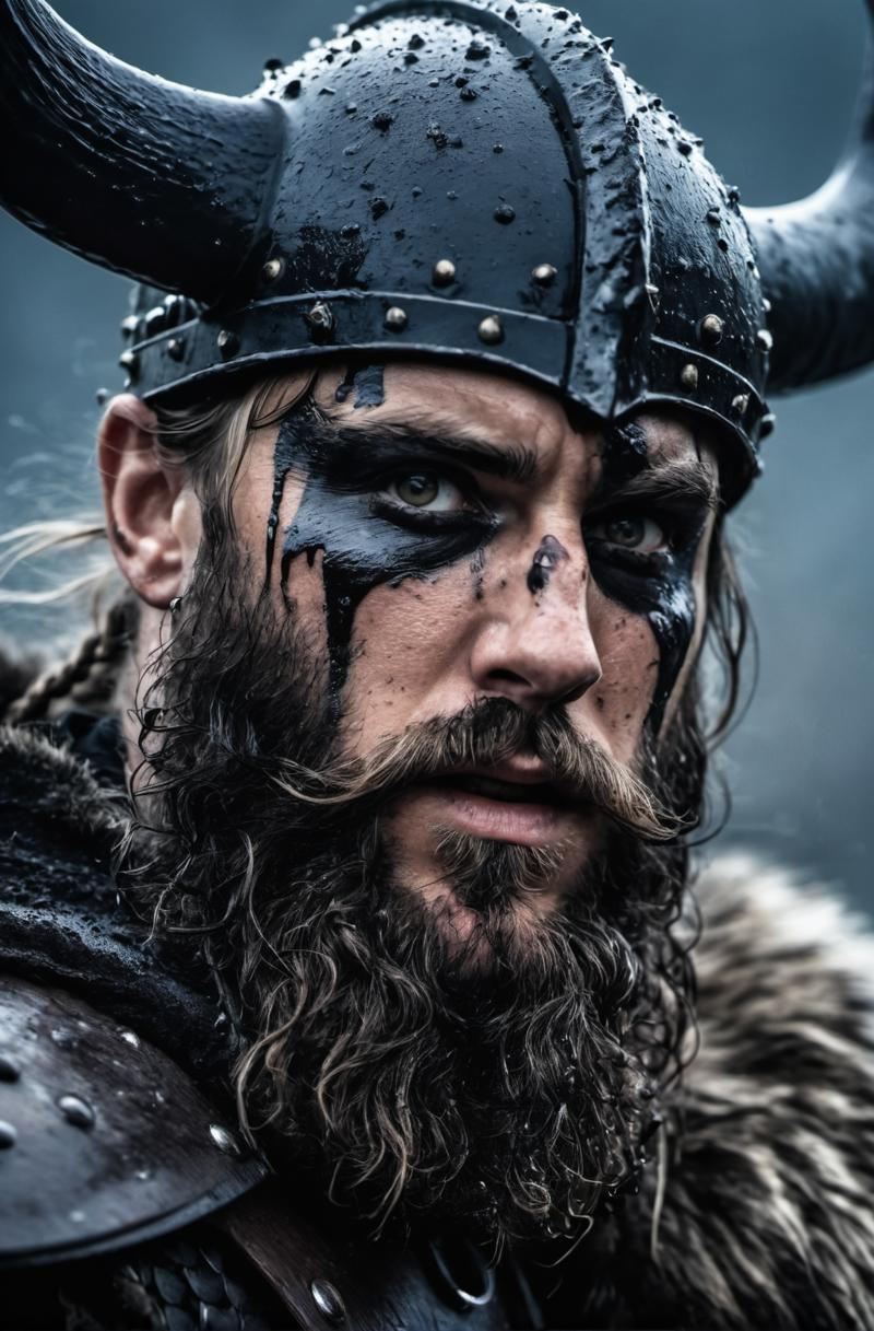 00009-A close-up shot of a fierce Viking King, covered in dripping wet black mud, wearing a dark metal helmet with imposing black horn.png